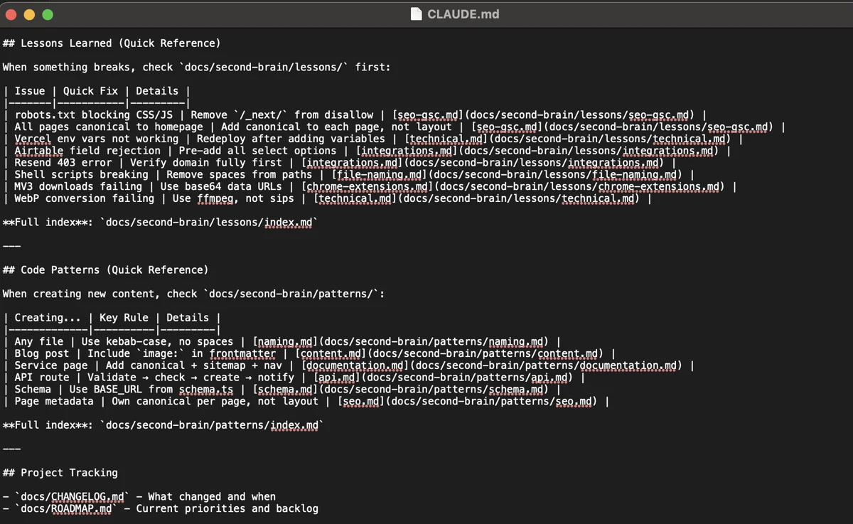 Quick reference tables in CLAUDE.md - the progressive disclosure in action