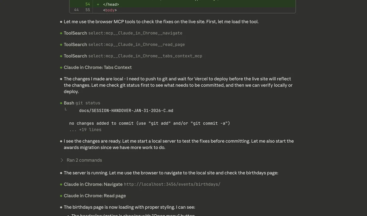 Chrome DevTools MCP in action - Claude navigating and reading a live page