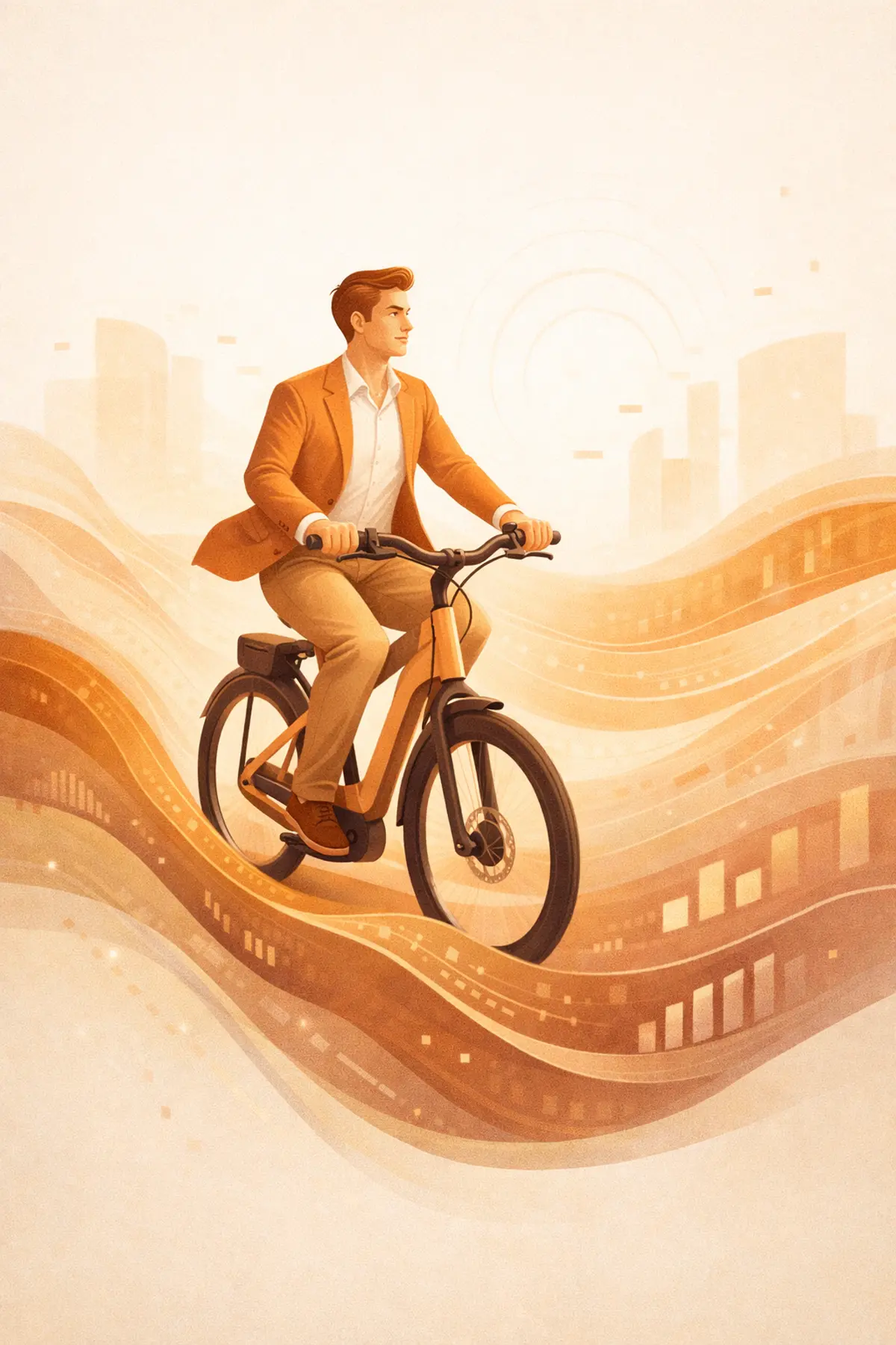 A cyclist using GPS navigation on a scenic path, representing the four P's of AI: Prep, Prompt, Process, and Proficiency working together